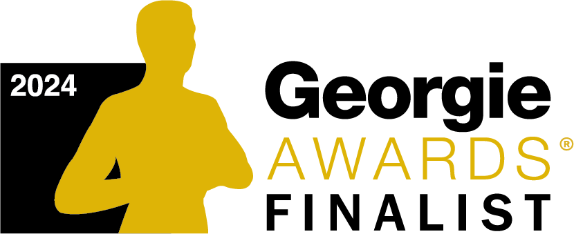A yellow outline of a Georgie award and black and white text that says 2024 Georgie Awards Finalists