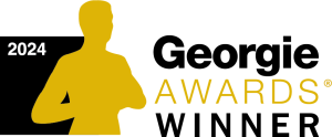 A yellow outline of a Georgie award and black and white text that says 2024 Georgie Awards Winner